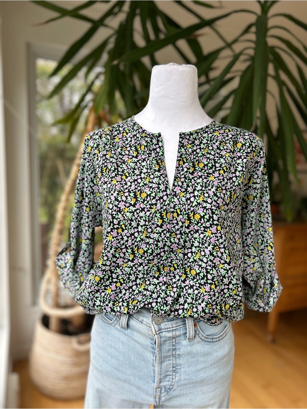 twik Black Floral Split-Neck Blouse with Pink, Yellow & Green Accents